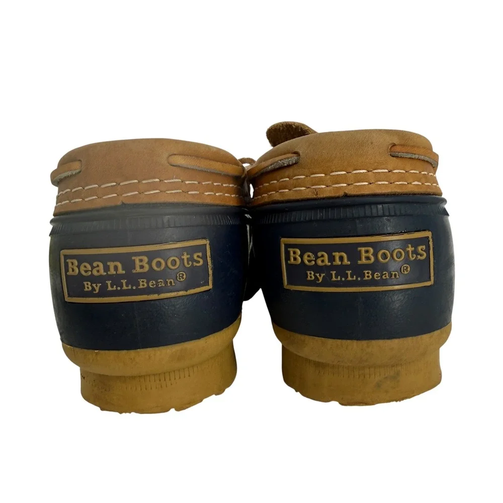 LL Bean Boot Low Shoes Rubber Duck Navy Blue Tan Leather Men 6 Women 8 USA